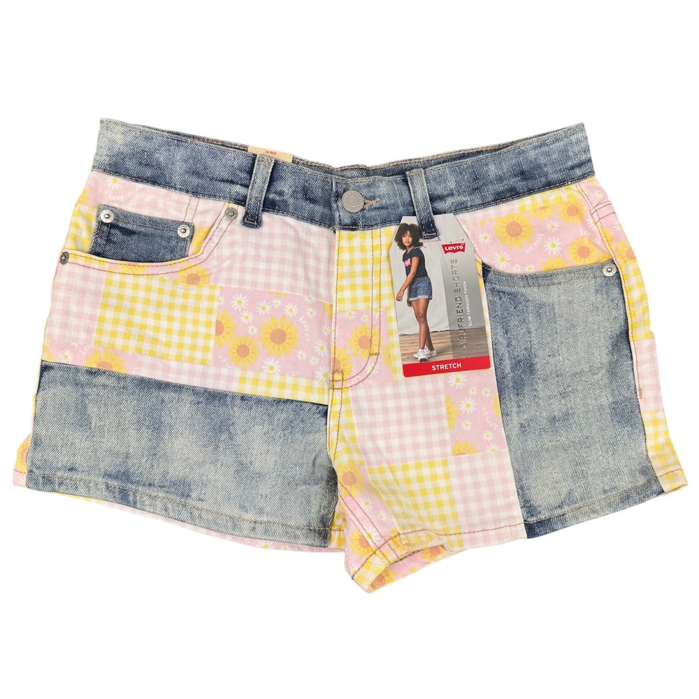 Levi's‎ Girlfriend Shorts Girls 14 Pink Yellow Patchwork Floral Gingham Stretch